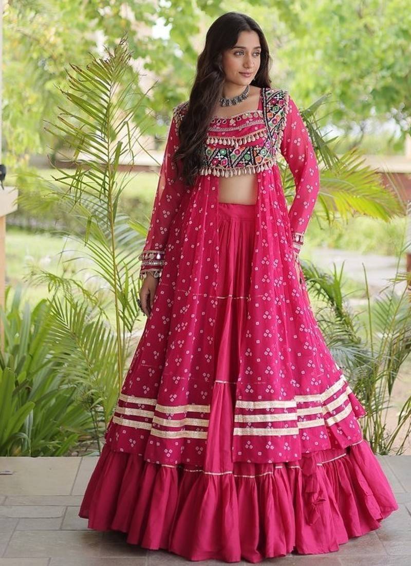 navratri cotton lehenga choli -bandhani print kurti with kutchi patchwork & flair - free size