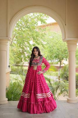 navratri cotton lehenga choli -bandhani print kurti with kutchi patchwork & flair - free size 3
