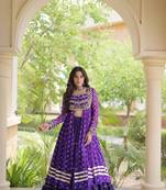 navratri cotton lehenga choli -bandhani print kurti with kutchi patchwork & flair - free size