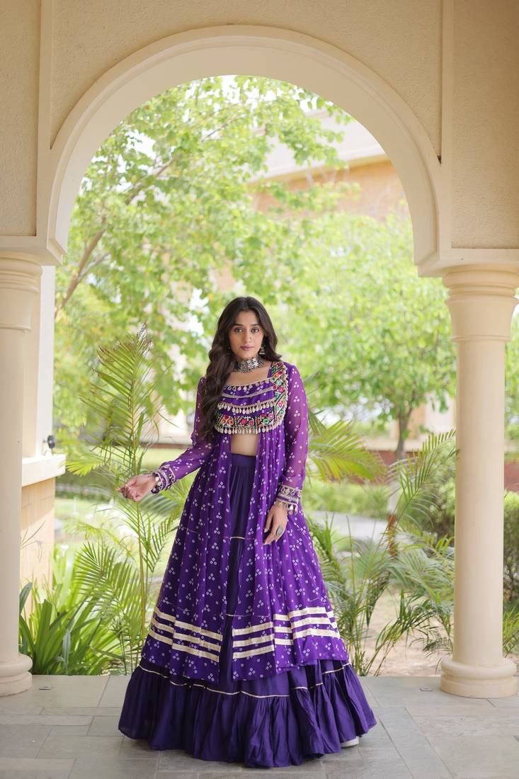 navratri cotton lehenga choli -bandhani print kurti with kutchi patchwork & flair - free size