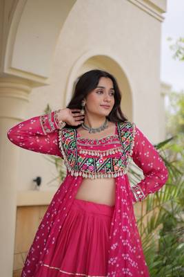 navratri cotton lehenga choli -bandhani print kurti with kutchi patchwork & flair - free size 4