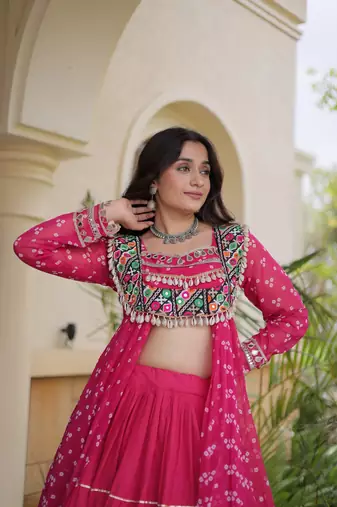 navratri cotton lehenga choli -bandhani print kurti with kutchi patchwork & flair - free size