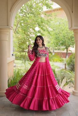navratri cotton lehenga choli -bandhani print kurti with kutchi patchwork & flair - free size 5
