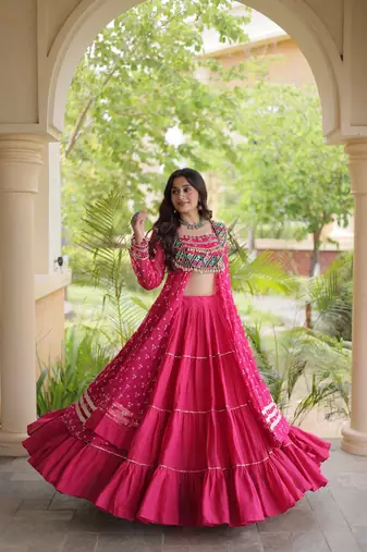 navratri cotton lehenga choli -bandhani print kurti with kutchi patchwork & flair - free size