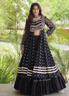 navratri cotton lehenga choli -bandhani print kurti with kutchi patchwork & flair - free size 1