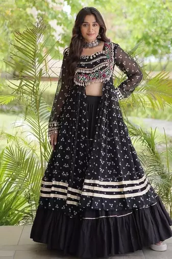 navratri cotton lehenga choli -bandhani print kurti with kutchi patchwork & flair - free size