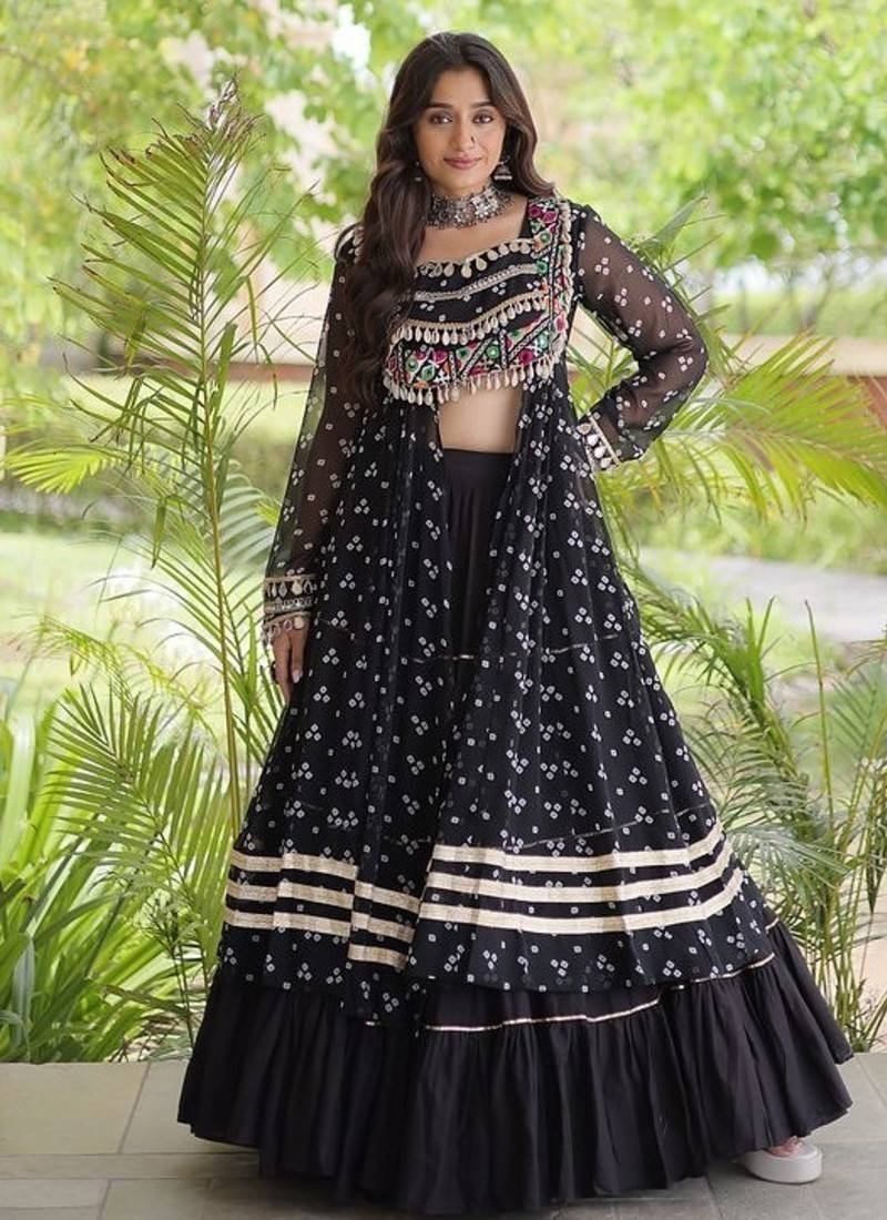 navratri cotton lehenga choli -bandhani print kurti with kutchi patchwork & flair - free size