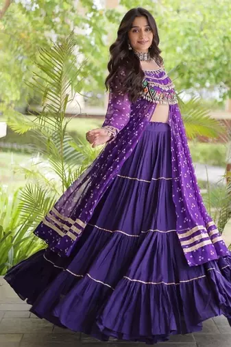 navratri cotton lehenga choli -bandhani print kurti with kutchi patchwork & flair - free size