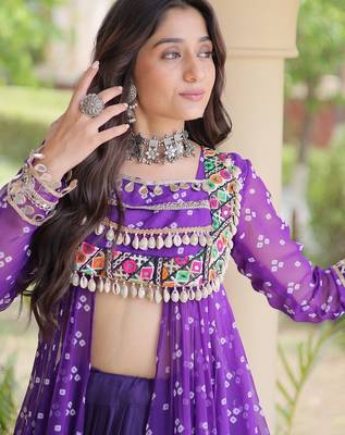 navratri cotton lehenga choli -bandhani print kurti with kutchi patchwork & flair - free size 4