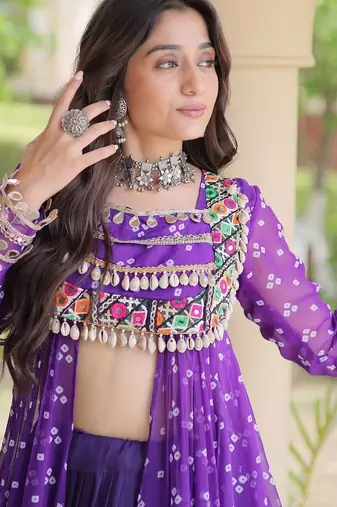 navratri cotton lehenga choli -bandhani print kurti with kutchi patchwork & flair - free size