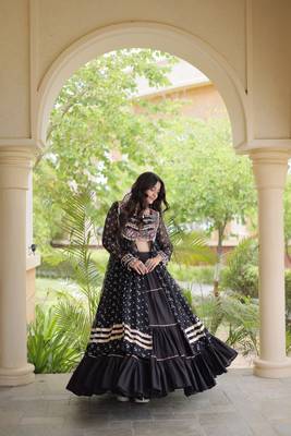 navratri cotton lehenga choli -bandhani print kurti with kutchi patchwork & flair - free size 3