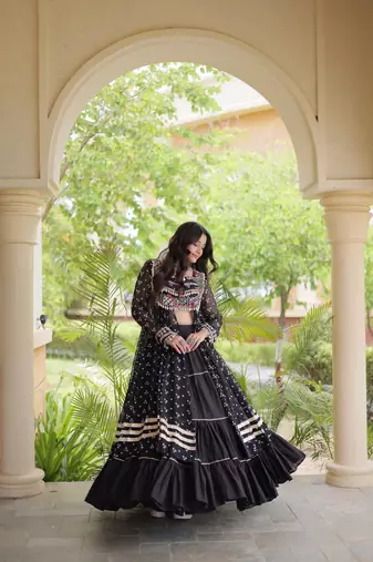 navratri cotton lehenga choli -bandhani print kurti with kutchi patchwork & flair - free size
