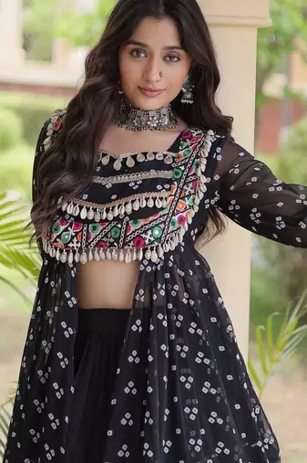 navratri cotton lehenga choli -bandhani print kurti with kutchi patchwork & flair - free size