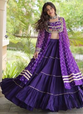 navratri cotton lehenga choli -bandhani print kurti with kutchi patchwork & flair - free size 5