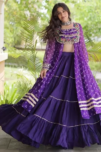 navratri cotton lehenga choli -bandhani print kurti with kutchi patchwork & flair - free size