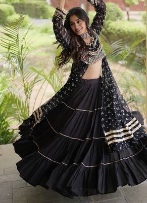 navratri cotton lehenga choli -bandhani print kurti with kutchi patchwork & flair - free size 5
