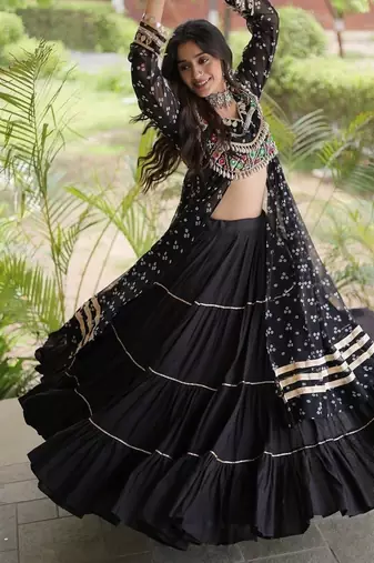 navratri cotton lehenga choli -bandhani print kurti with kutchi patchwork & flair - free size