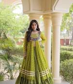 navratri cotton lehenga choli -bandhani print kurti with kutchi patchwork & flair - free size