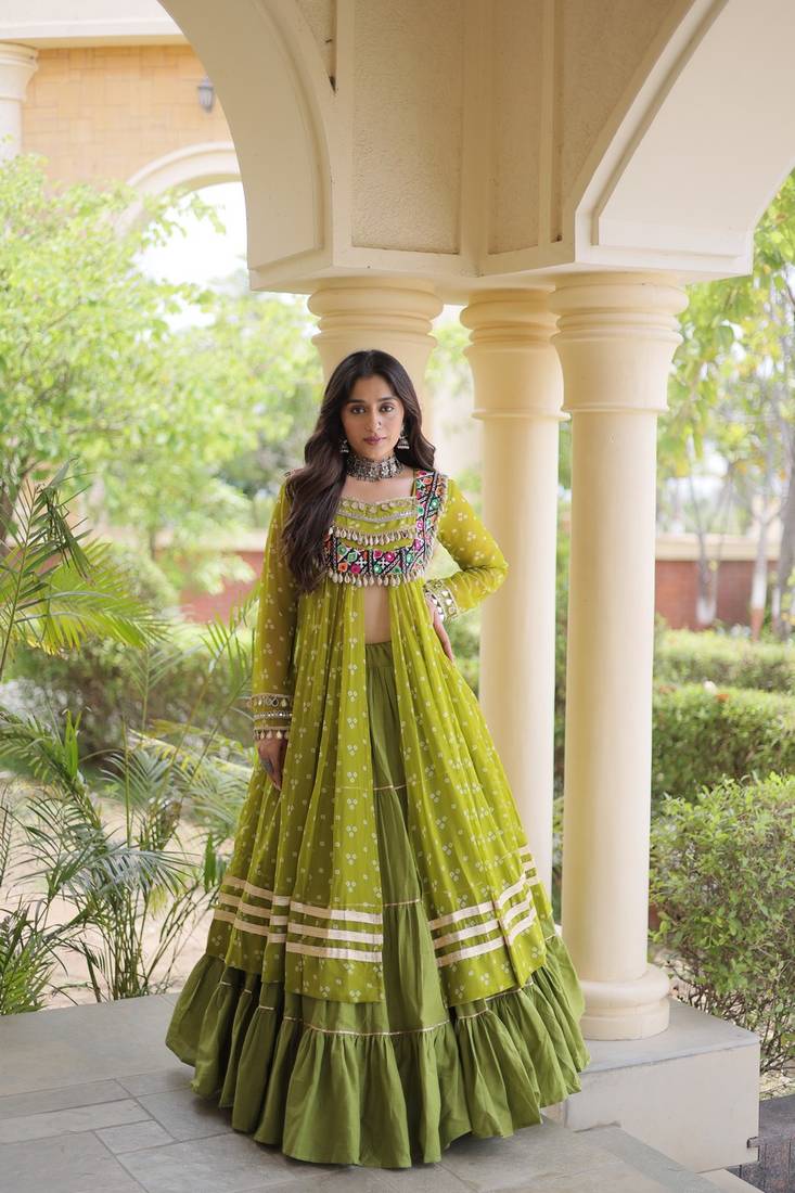navratri cotton lehenga choli -bandhani print kurti with kutchi patchwork & flair - free size