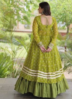 navratri cotton lehenga choli -bandhani print kurti with kutchi patchwork & flair - free size 2