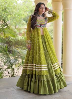 navratri cotton lehenga choli -bandhani print kurti with kutchi patchwork & flair - free size 3