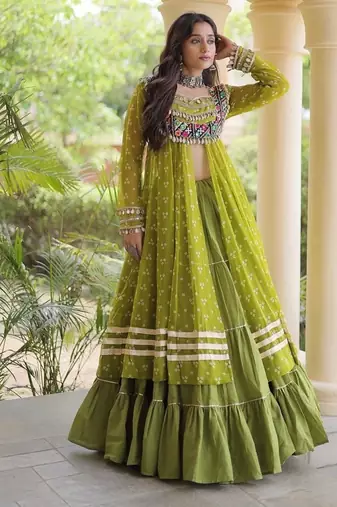 navratri cotton lehenga choli -bandhani print kurti with kutchi patchwork & flair - free size