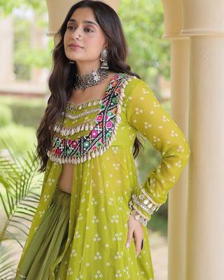 navratri cotton lehenga choli -bandhani print kurti with kutchi patchwork & flair - free size 4