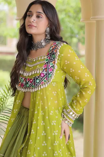 navratri cotton lehenga choli -bandhani print kurti with kutchi patchwork & flair - free size