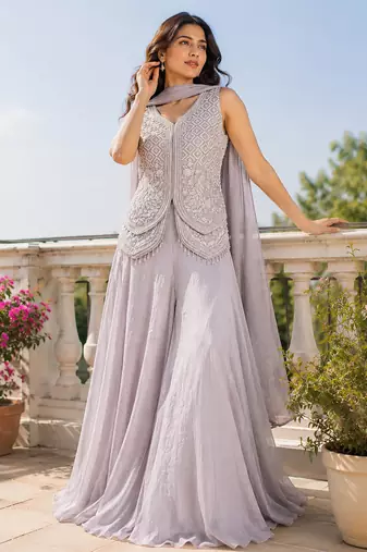 Pearl grey fendi crush embroidered sharara set for wedding