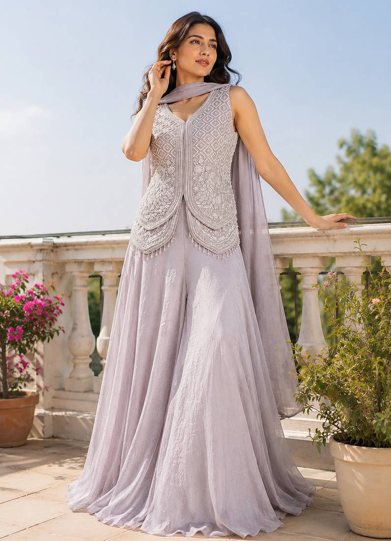 Pearl grey fendi crush embroidered sharara set for wedding