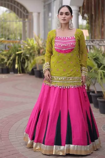 women navratri rayon lehenga choli with bandhani jacket - free size