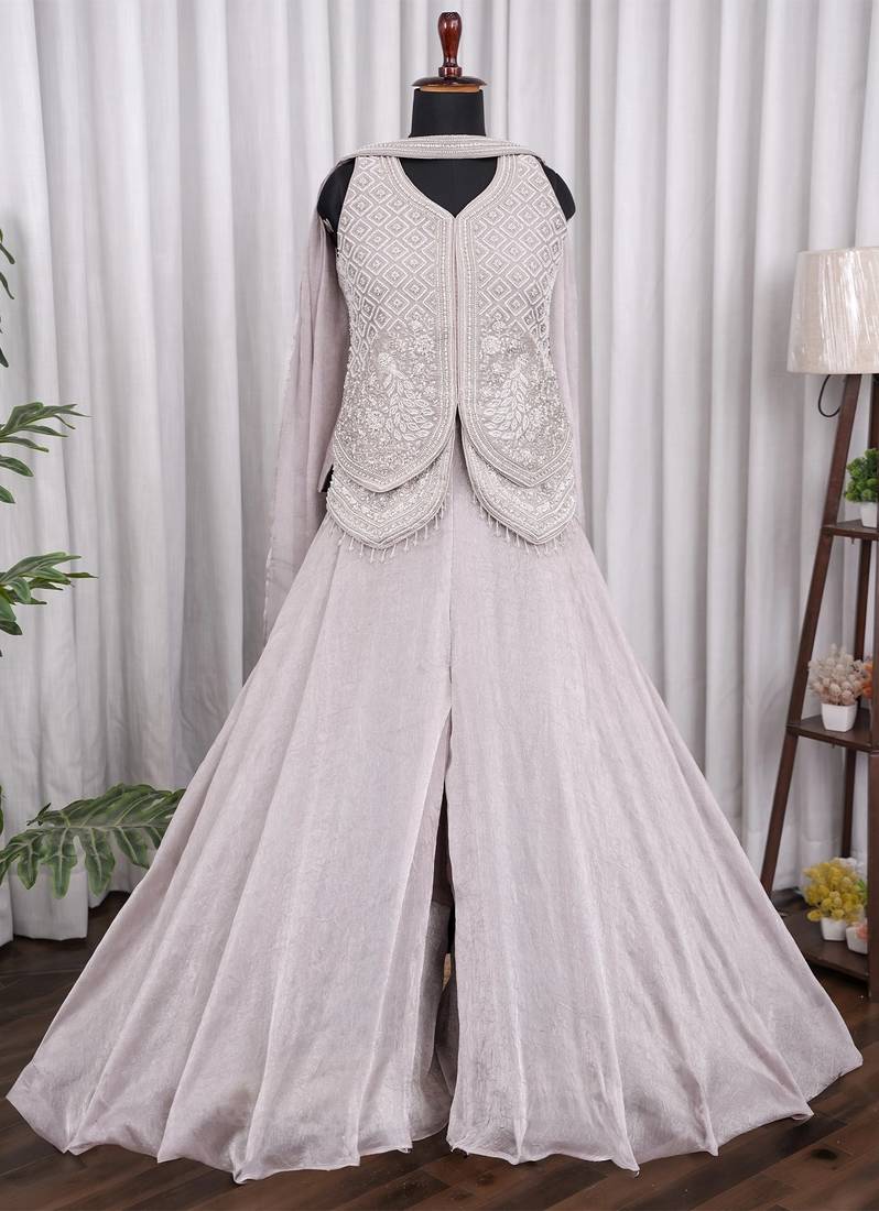 Pearl grey fendi crush embroidered sharara set for wedding