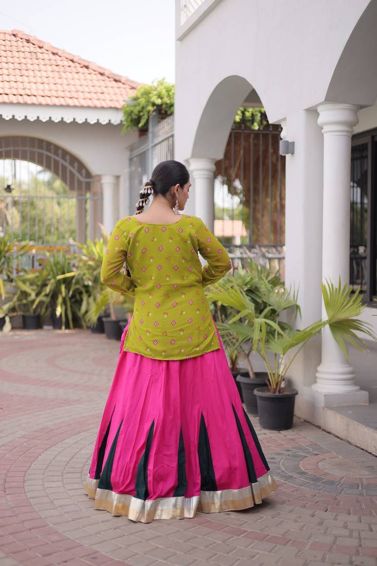 women navratri rayon lehenga choli with bandhani jacket - free size