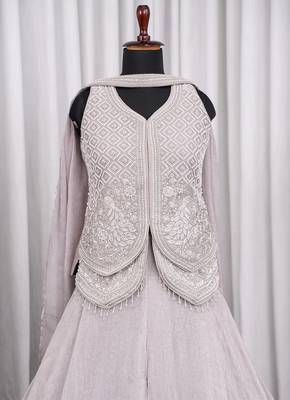 Pearl grey fendi crush embroidered sharara set for wedding 4