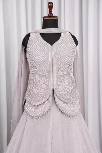 Pearl grey fendi crush embroidered sharara set for wedding