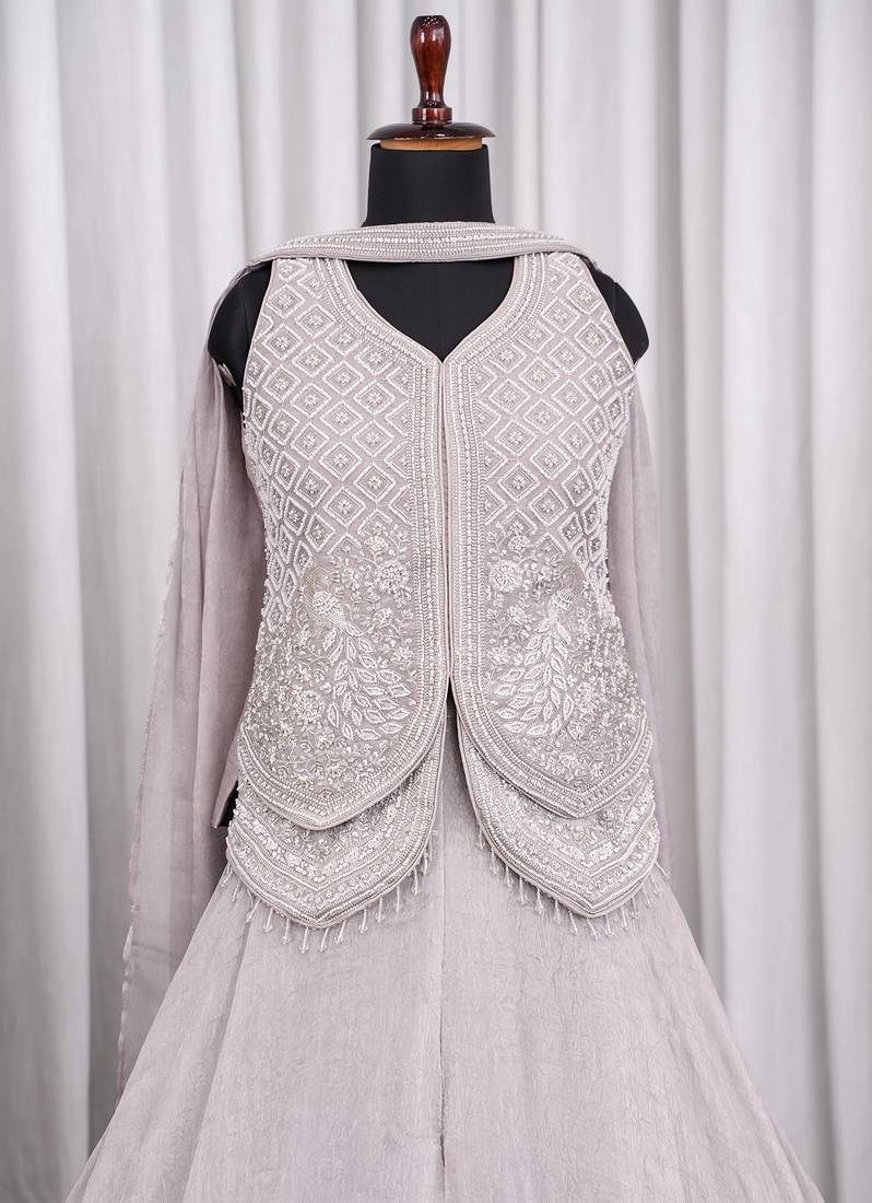Pearl grey fendi crush embroidered sharara set for wedding