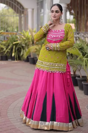 women navratri rayon lehenga choli with bandhani jacket - free size