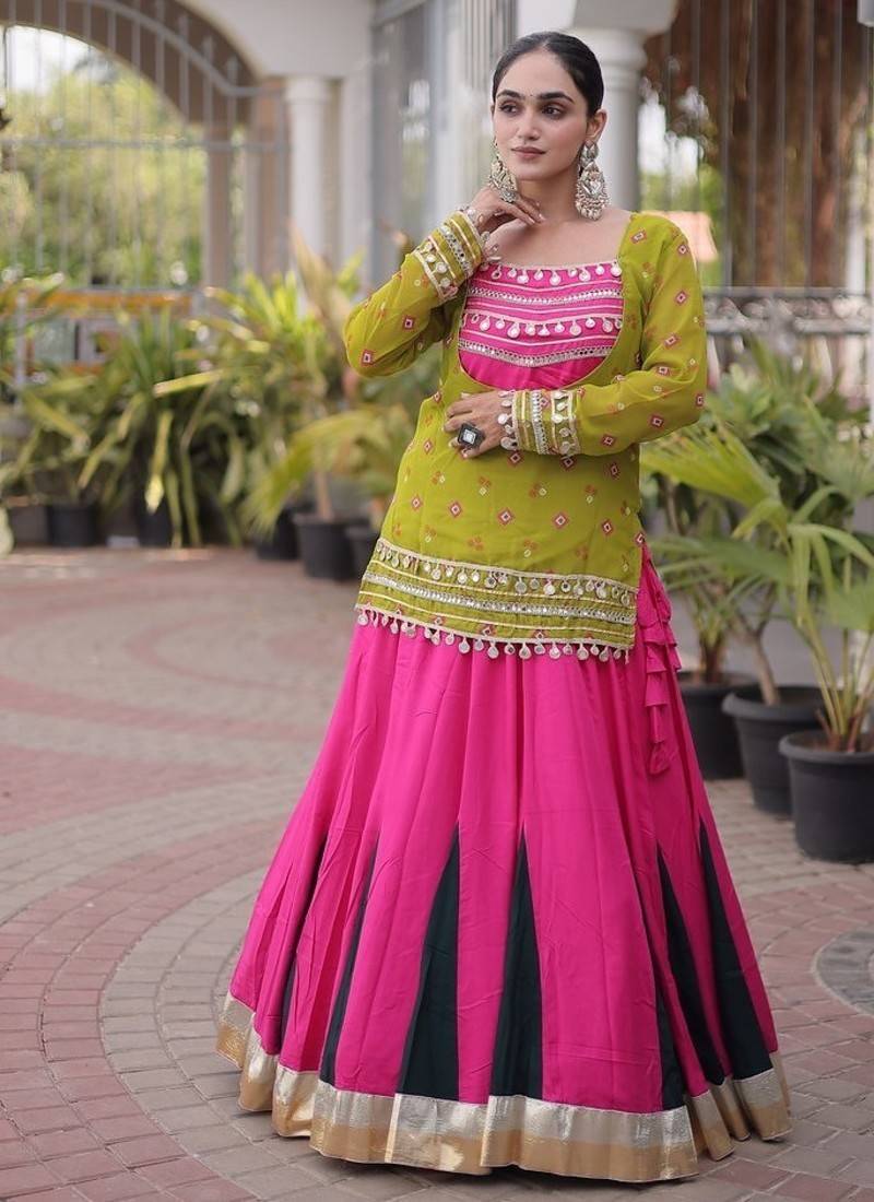women navratri rayon lehenga choli with bandhani jacket - free size