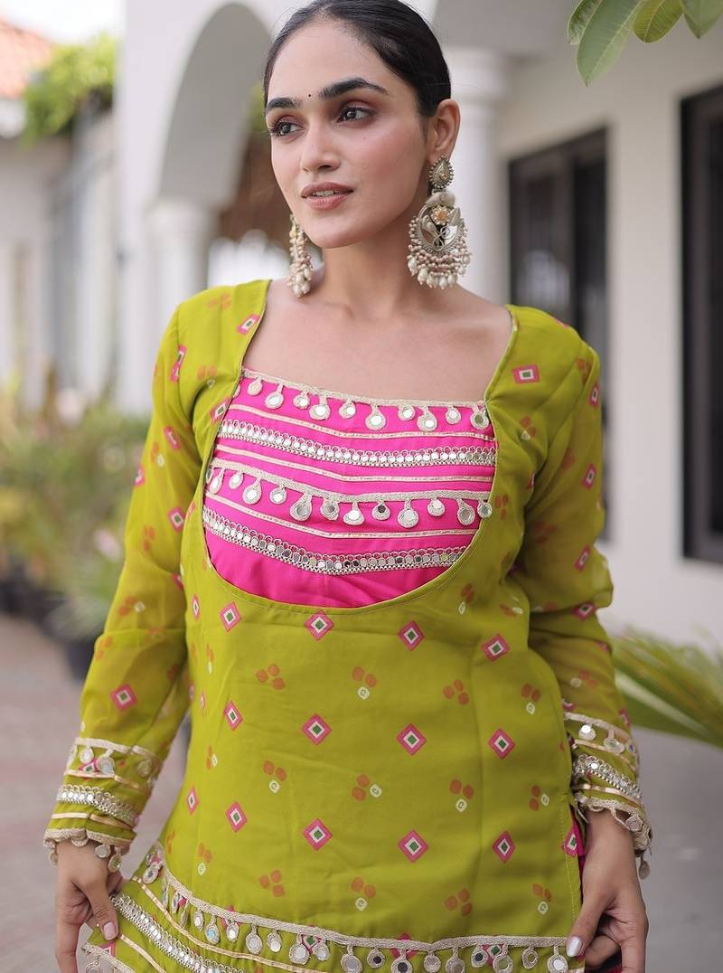 women navratri rayon lehenga choli with bandhani jacket - free size