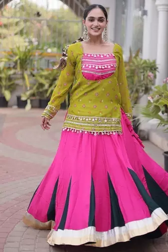 women navratri rayon lehenga choli with bandhani jacket - free size