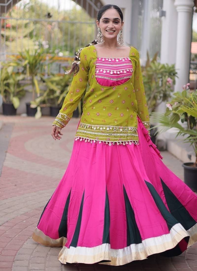 women navratri rayon lehenga choli with bandhani jacket - free size