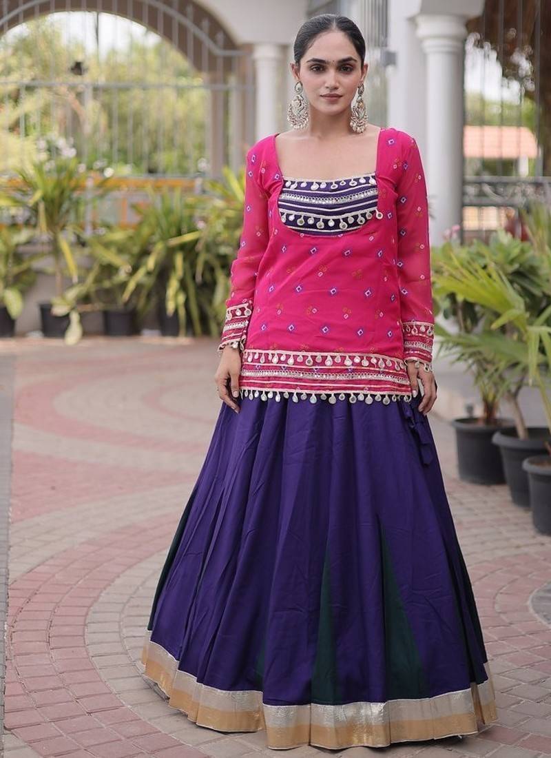 women navratri rayon lehenga choli with bandhani jacket - free size