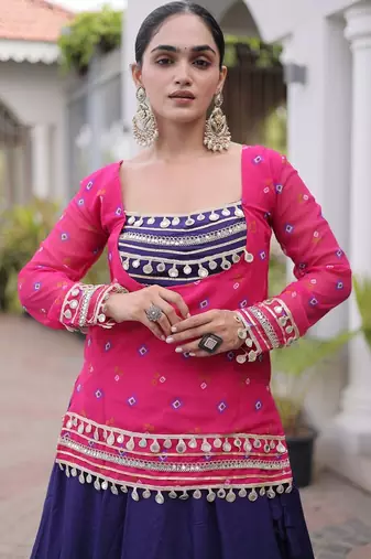 women navratri rayon lehenga choli with bandhani jacket - free size
