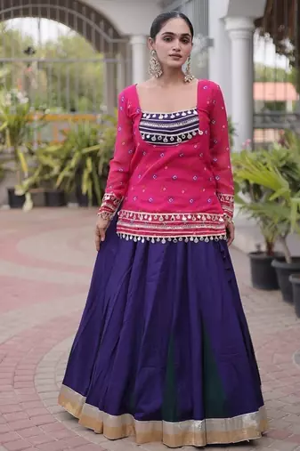 women navratri rayon lehenga choli with bandhani jacket - free size