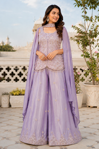 Lavender silk embroidered wide-leg sharara set for wedding