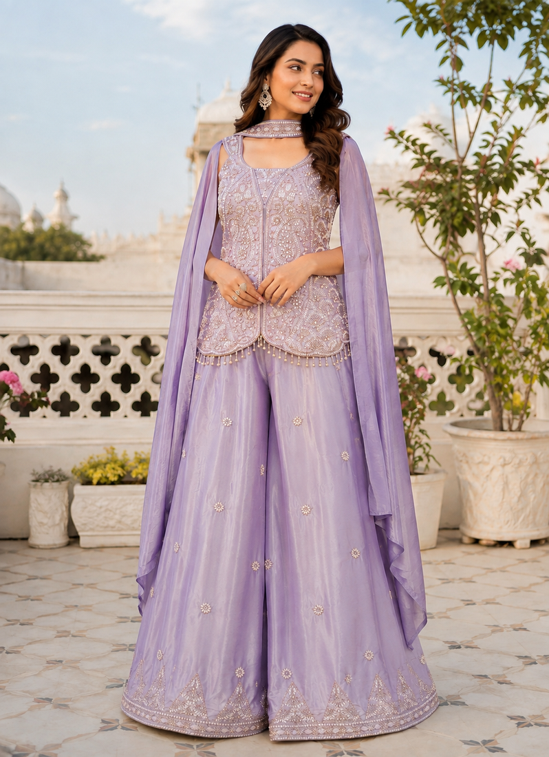 Lavender silk embroidered wide-leg sharara set for wedding