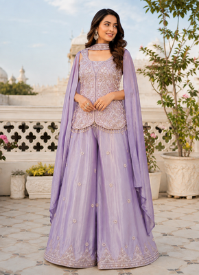 Lavender silk embroidered wide-leg sharara set for wedding 1