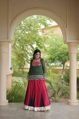 women navratri rayon lehenga choli with bandhani jacket - free size