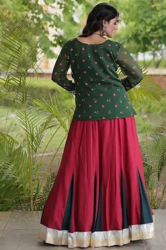 women navratri rayon lehenga choli with bandhani jacket - free size
