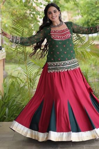 women navratri rayon lehenga choli with bandhani jacket - free size